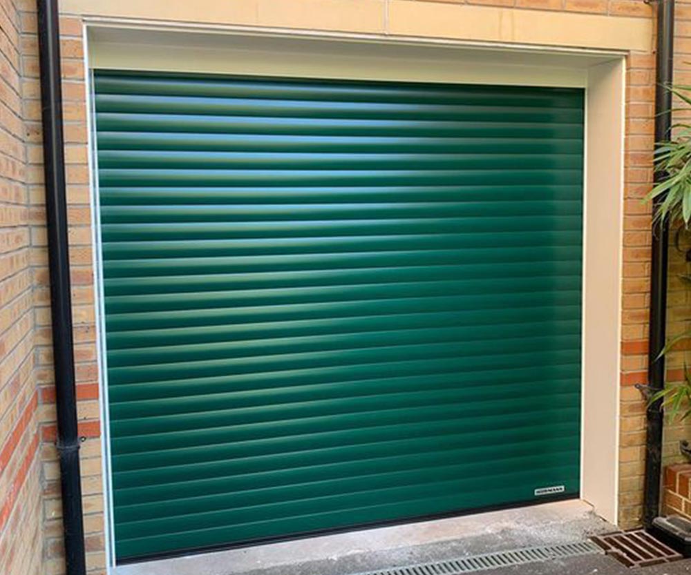 Green roller shutter garage door